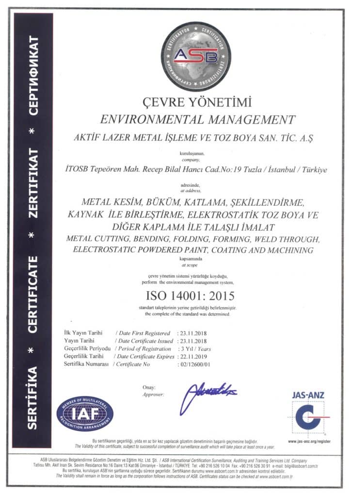 ISO-14001 kalite sertifikası