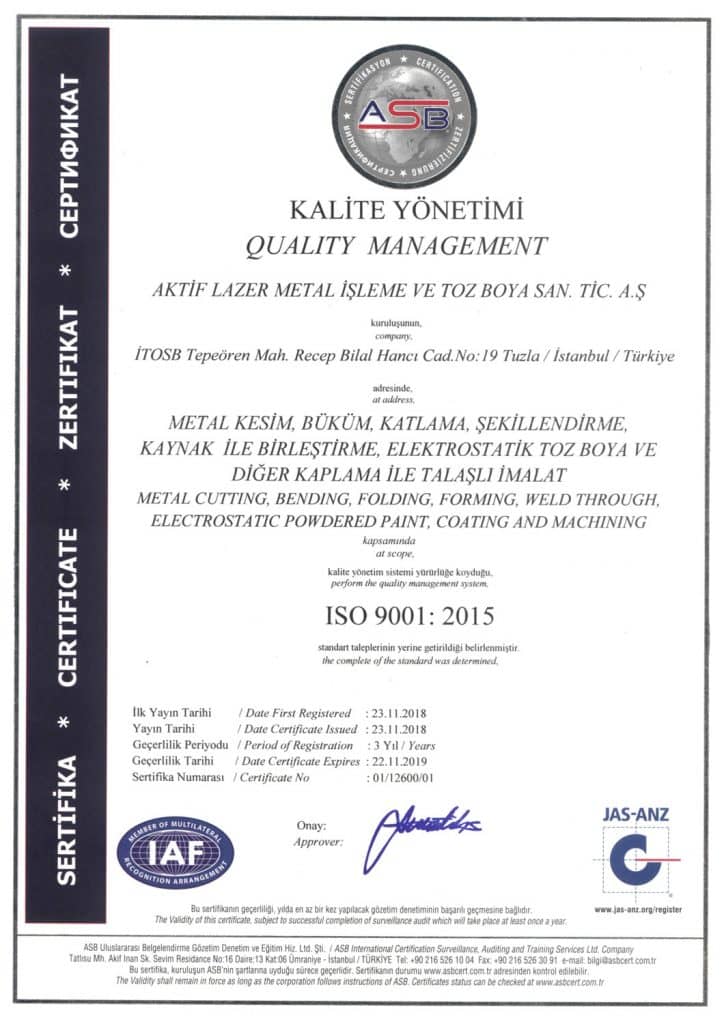 ISO-9001 kalite sertifikası